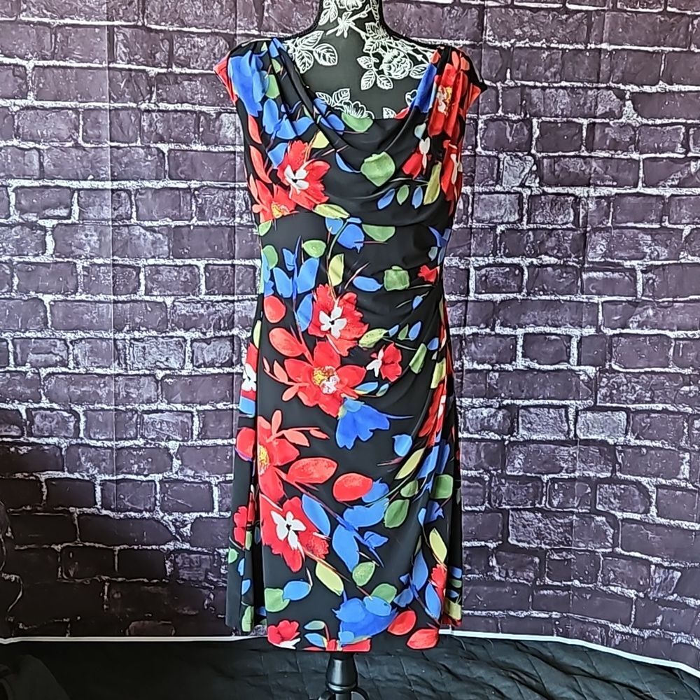 Lauren by Ralph Lauren Draped Neck Rouched Waist Midi Sleeveless Dress size 16